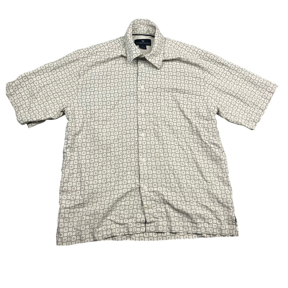 Toscano Mens 100% Silk Short Sleeve Button Down Shirt Cream Geometric Pattern M